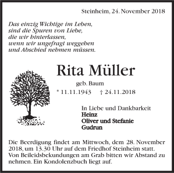 Traueranzeige von Rita Müller von Marbacher Zeitung