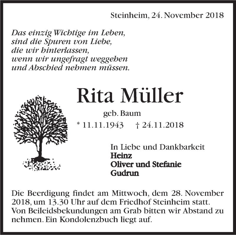  Traueranzeige für Rita Müller vom 27.11.2018 aus Marbacher Zeitung