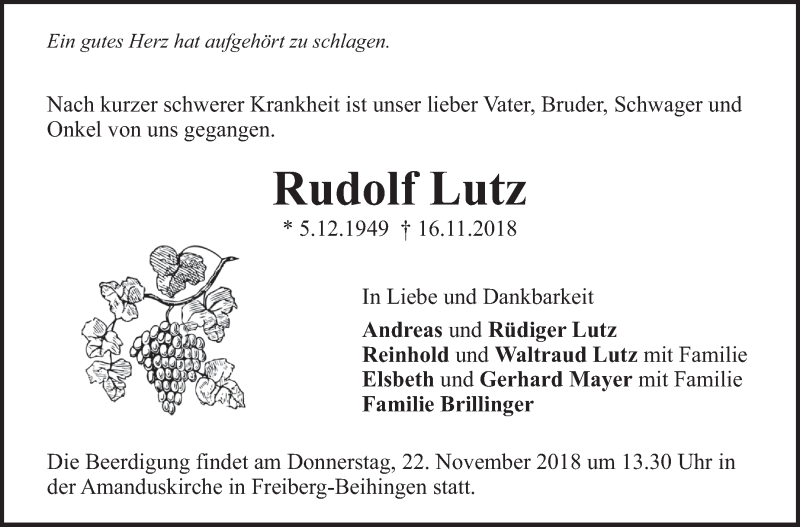  Traueranzeige für Rudolf Lutz vom 21.11.2018 aus Marbacher Zeitung