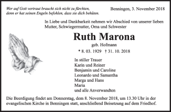Traueranzeige von Ruth Marona von Marbacher Zeitung