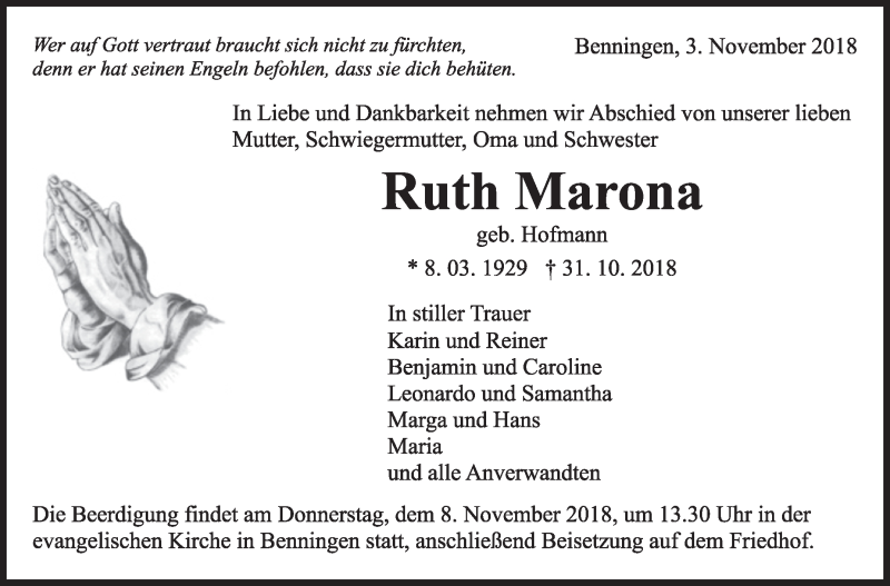  Traueranzeige für Ruth Marona vom 03.11.2018 aus Marbacher Zeitung