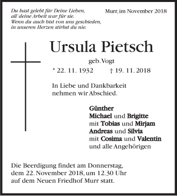 Traueranzeige von Ursula Pietsch von Marbacher Zeitung