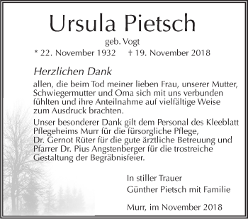 Traueranzeige von Ursula Pietsch von Marbacher Zeitung