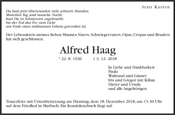 Traueranzeige von Alfred Haag von Marbacher Zeitung