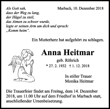 Traueranzeige von Anna Heitmar von Marbacher Zeitung