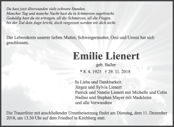 Traueranzeige von Emilie Lienert von Marbacher Zeitung