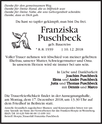 Traueranzeige von Franziska Puschbeck von Marbacher Zeitung