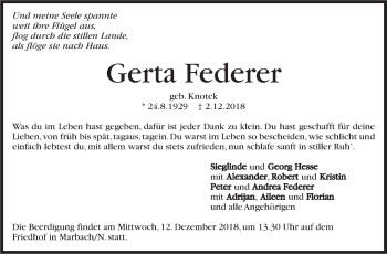 Traueranzeige von Gerta Federer von Marbacher Zeitung
