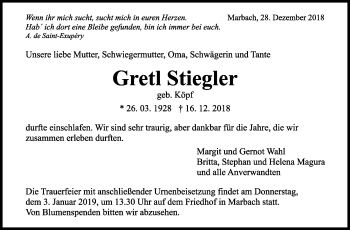 Traueranzeige von Gretl Stiegler von Marbacher Zeitung