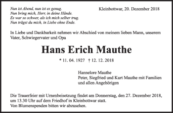 Traueranzeige von Hans Erich Mauthe von Marbacher Zeitung