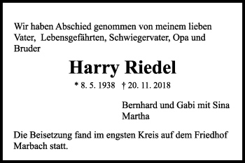 Traueranzeige von Harry Riedel von Marbacher Zeitung