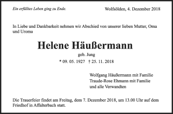 Traueranzeige von Helene Häußermann von Marbacher Zeitung