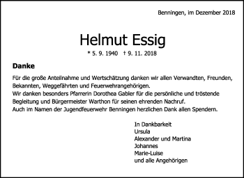 Traueranzeige von Helmut Essig von Marbacher Zeitung