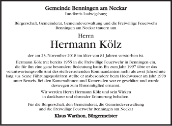 Traueranzeige von Hermann Kölz von Marbacher Zeitung