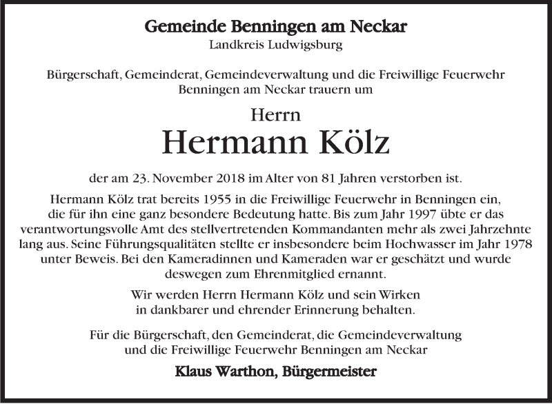  Traueranzeige für Hermann Kölz vom 01.12.2018 aus Marbacher Zeitung