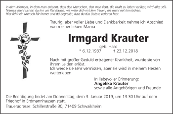 Traueranzeige von Irmgard Krauter von Marbacher Zeitung