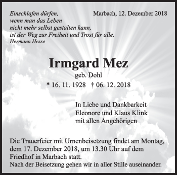 Traueranzeige von Irmgard Merz von Marbacher Zeitung