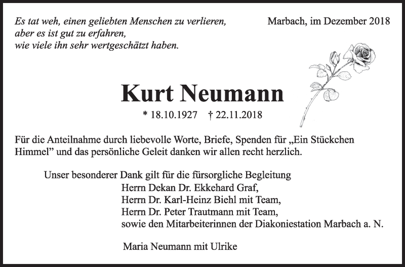  Traueranzeige für Kurt Neumann vom 15.12.2018 aus Marbacher Zeitung
