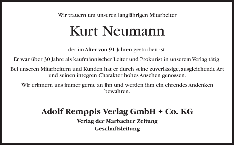  Traueranzeige für Kurt Neumann vom 04.12.2018 aus Marbacher Zeitung