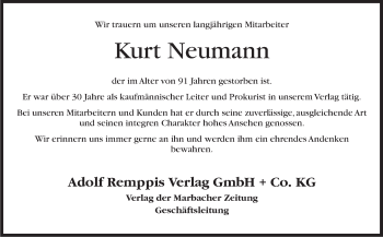 Traueranzeige von Kurt Neumann von Marbacher Zeitung