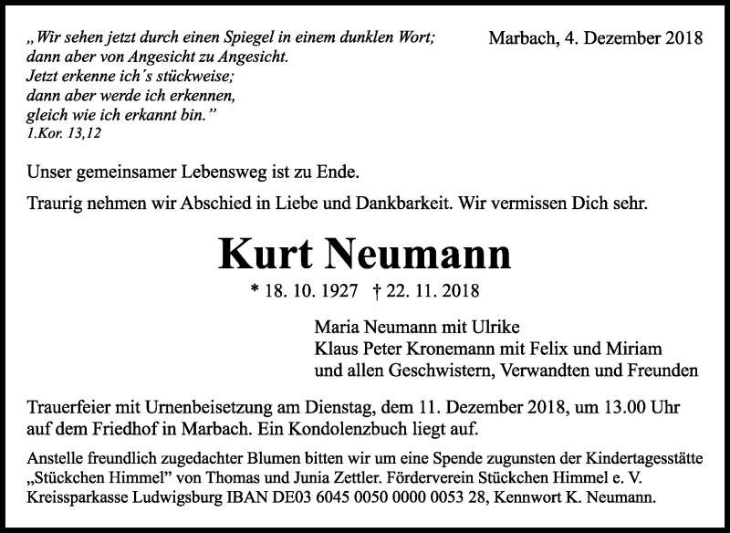  Traueranzeige für Kurt Neumann vom 04.12.2018 aus Marbacher Zeitung