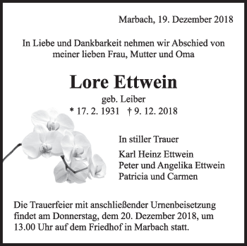 Traueranzeige von Lore Ettwein von Marbacher Zeitung