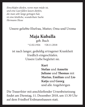 Traueranzeige von Maja Kuballa von Marbacher Zeitung