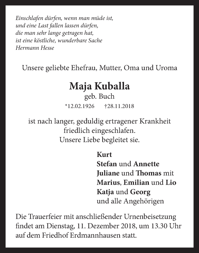  Traueranzeige für Maja Kuballa vom 06.12.2018 aus Marbacher Zeitung