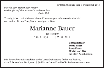 Traueranzeige von Marianne Bauer von Marbacher Zeitung