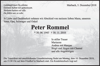 Traueranzeige von Peter Rommel von Marbacher Zeitung