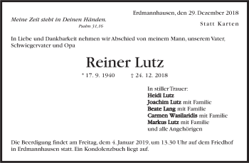 Traueranzeige von Reiner Lutz von Marbacher Zeitung