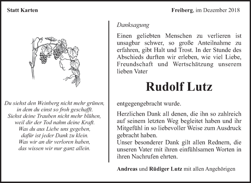  Traueranzeige für Rudolf Lutz vom 20.12.2018 aus Marbacher Zeitung
