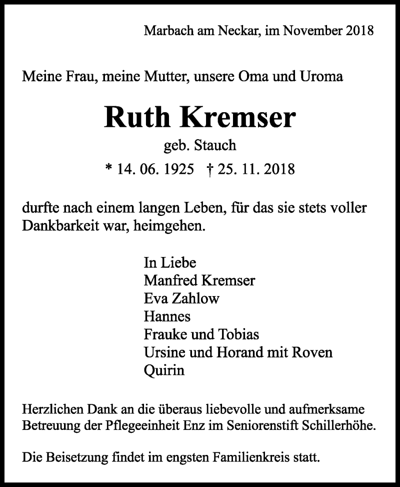  Traueranzeige für Ruth Kremser vom 06.12.2018 aus Marbacher Zeitung