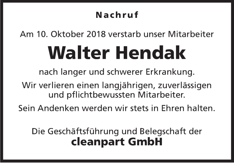  Traueranzeige für Walter Hendak vom 06.12.2018 aus Marbacher Zeitung