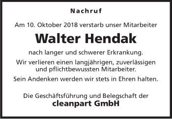 Traueranzeige von Walter Hendak von Marbacher Zeitung