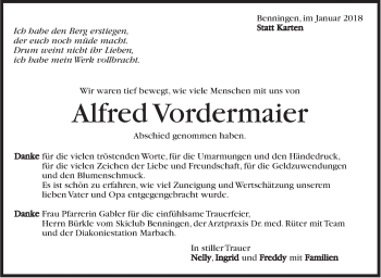 Traueranzeige von Alfred Vordermaier von Marbacher Zeitung