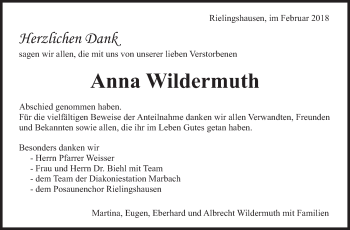 Traueranzeige von Anna Wildermuth von Marbacher Zeitung