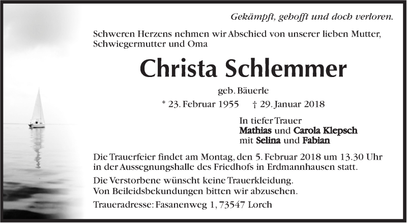  Traueranzeige für Christa Schlemmer vom 01.02.2018 aus Marbacher Zeitung