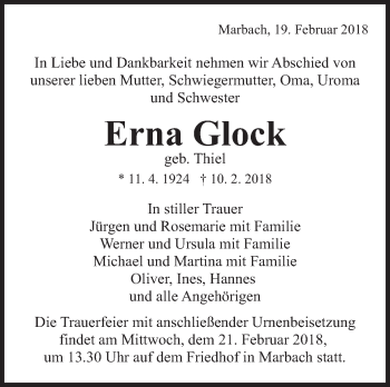 Traueranzeige von Erna Glock von Marbacher Zeitung