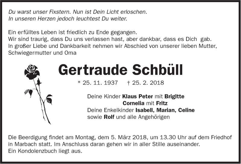  Traueranzeige für Gertraude Schbüll vom 28.02.2018 aus Marbacher Zeitung