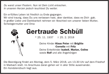 Traueranzeige von Gertraude Schbüll von Marbacher Zeitung