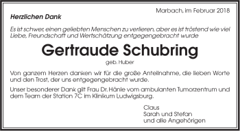 Traueranzeige von Gertraude Schubring von Marbacher Zeitung
