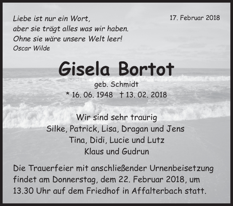  Traueranzeige für Gisela Bortot vom 17.02.2018 aus Marbacher Zeitung
