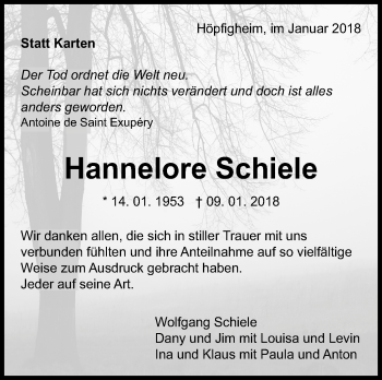 Traueranzeige von Hannelore Schiele von Marbacher Zeitung