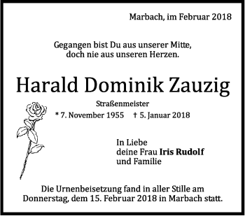 Traueranzeige von Harald Dominik Zauzig von Marbacher Zeitung