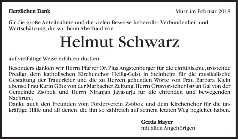  Traueranzeige für Helmut Schwarz vom 16.02.2018 aus Marbacher Zeitung