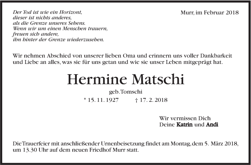  Traueranzeige für Hermine Matschi vom 20.02.2018 aus Marbacher Zeitung