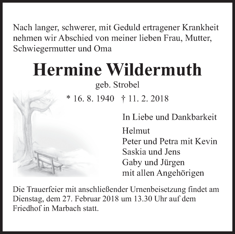  Traueranzeige für Hermine Wildermuth vom 23.02.2018 aus Marbacher Zeitung