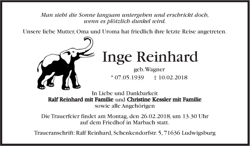  Traueranzeige für Inge Reinhard vom 22.02.2018 aus Marbacher Zeitung