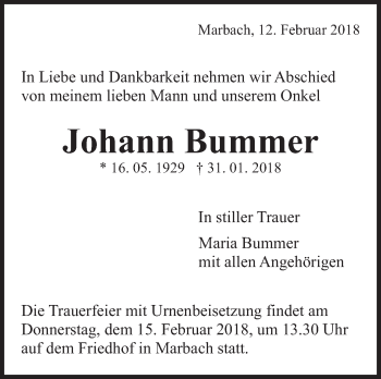 Traueranzeige von Johann Bummer von Marbacher Zeitung